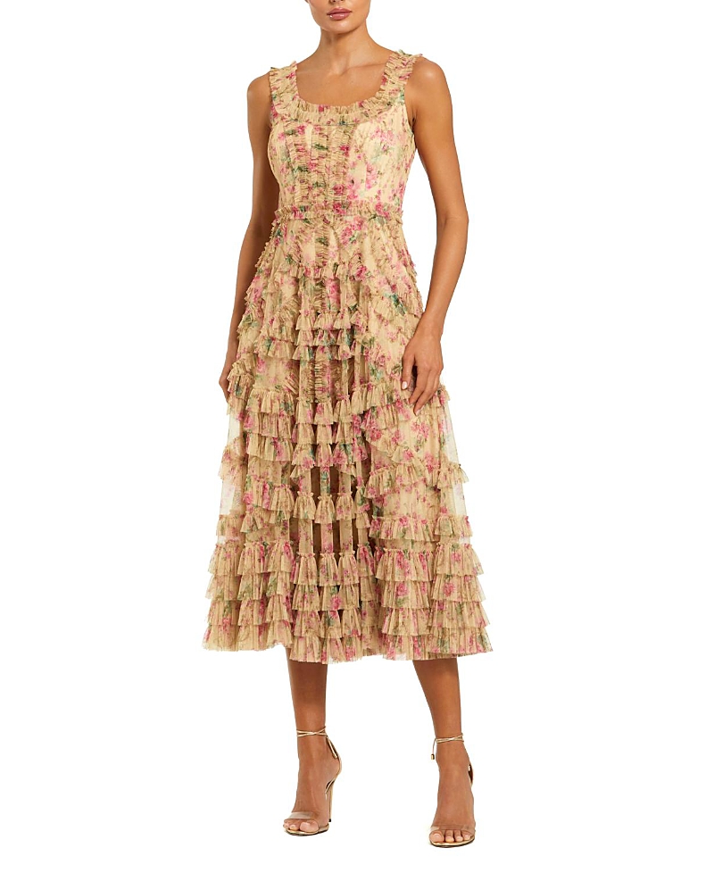 Mac Duggal Floral Printed Sleeveless Ruffle Midi Dress