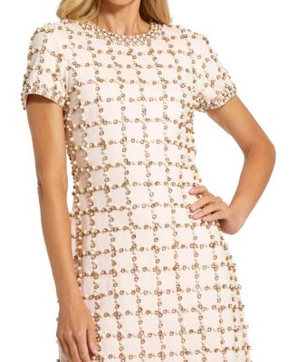  Short Sleeve Rhinestone Beaded Neoprene Mini Dress