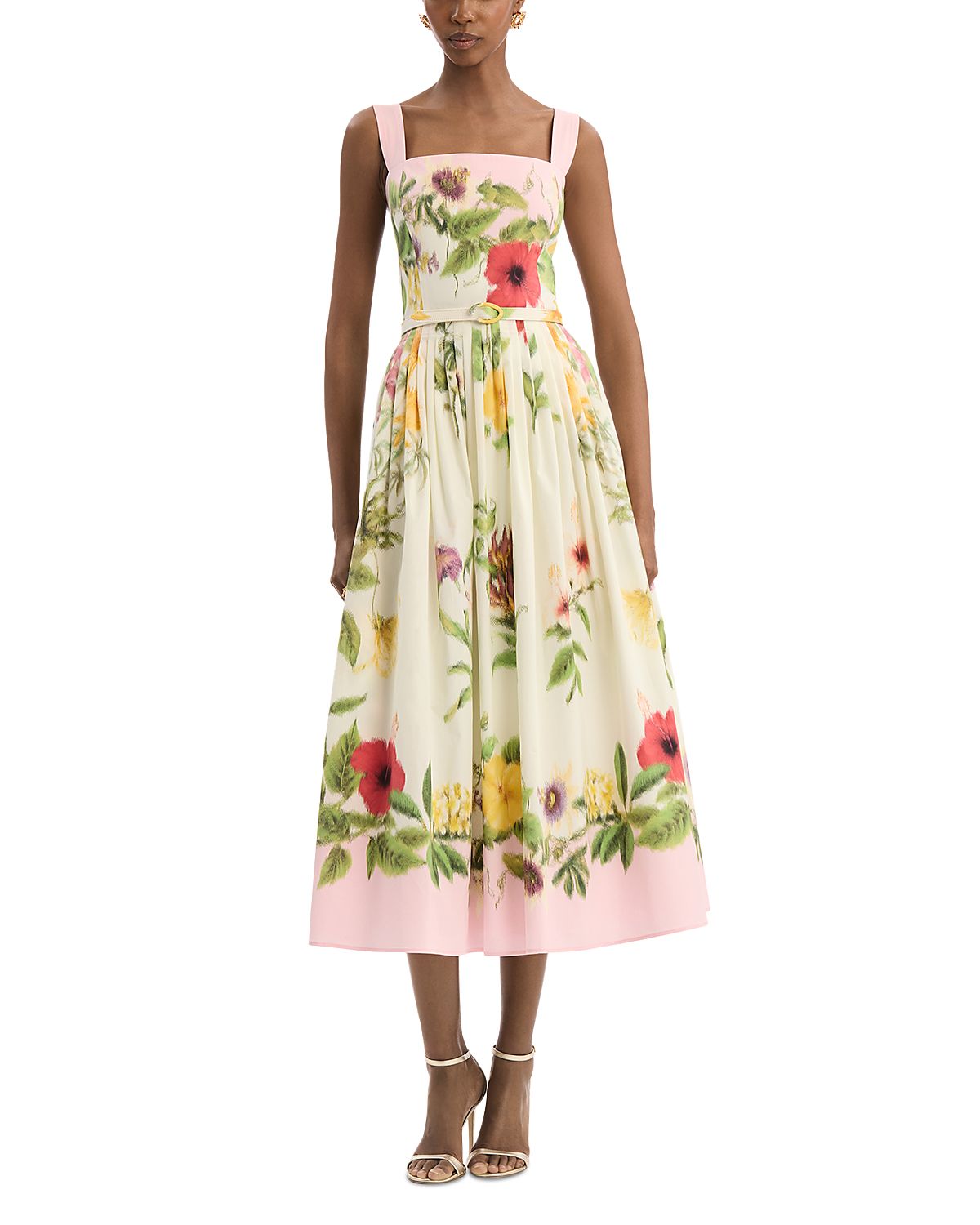 Oscar de la Renta Sleeveless Multi Floral Poplin Scarf Print Day Dress