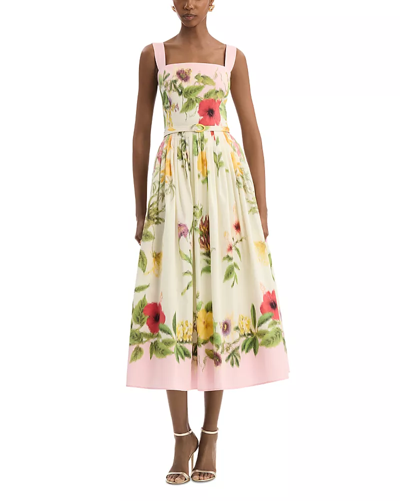 Oscar de la Renta Sleeveless Multi Floral Poplin Scarf Print Day Dress