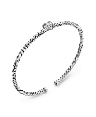 Micro Cable Flex&reg; Heart Station Bracelet in Sterling Silver with Diamonds, 2.6mm