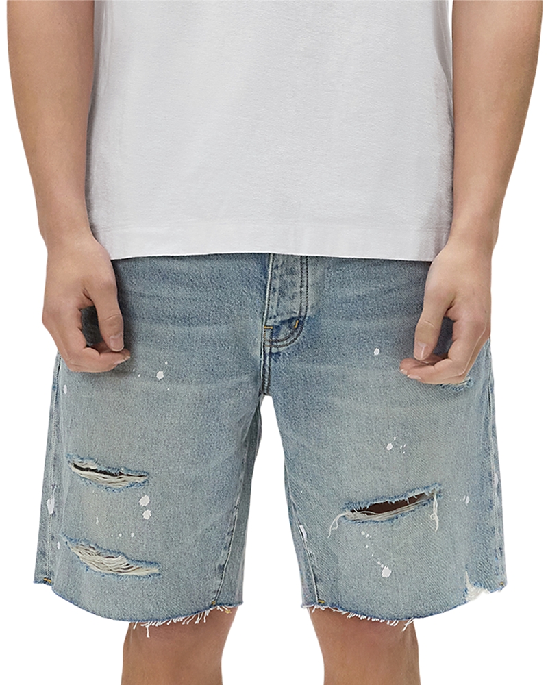 Purple Brand Painterly Rip Jean Shorts in Light Indigo