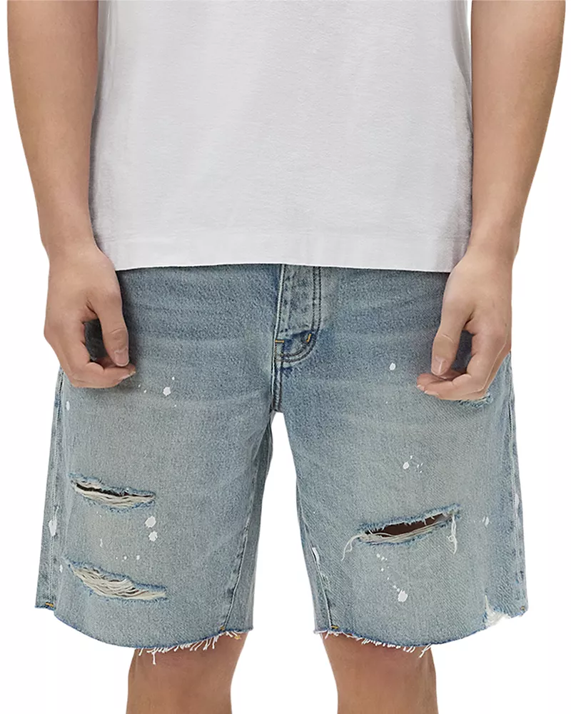 Purple Brand Painterly Rip Jean Shorts in Light Indigo