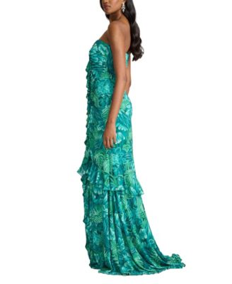  Cleta Foliage Print Cascading Ruffle Gown