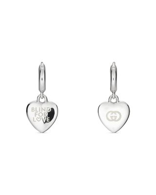 Sterling Silver Blind for Love Logo Heart Dangle Hoop Earrings