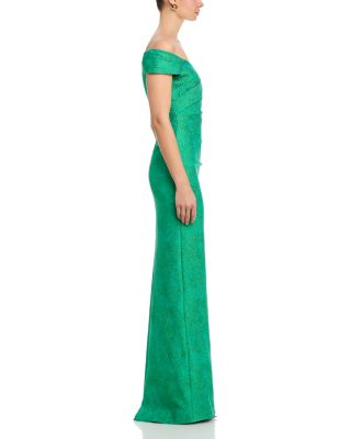 Shimmer Jacquard Off Shoulder Ruched Gown