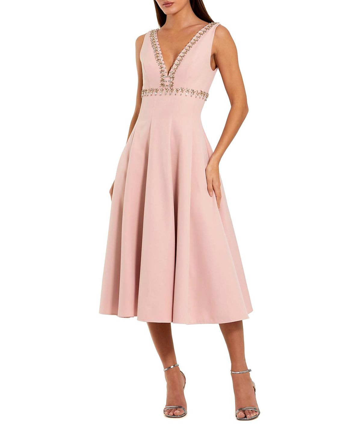 Rhinestone Embellished Crepe A Line Midi Dress
