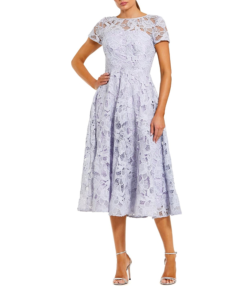 Mac Duggal Lace Short Sleeve A Line Midi Dress With Bow