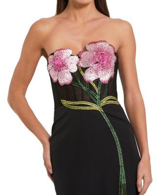 Strapless Sheer Bustier Crystal Flower Gown