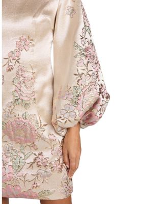 Brocade High Neck Long Bishop Sleeve Mini Dress