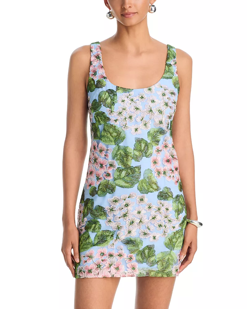 Aqua Hydrangea Embroidered Mini Dress - Exclusive