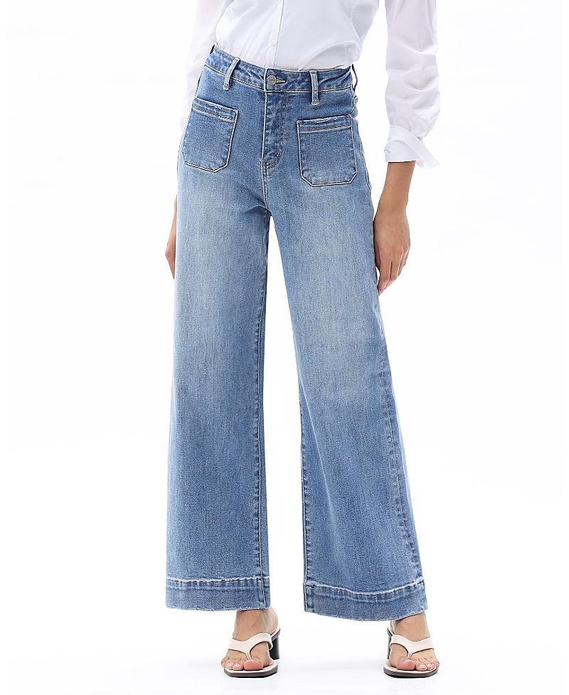 Bayeas High Rise Wide Leg Jeans with Unique Patch Pockets in Medium Blue