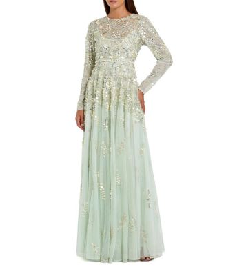  Long Sleeve Sequin and Pearl Embellished Gown