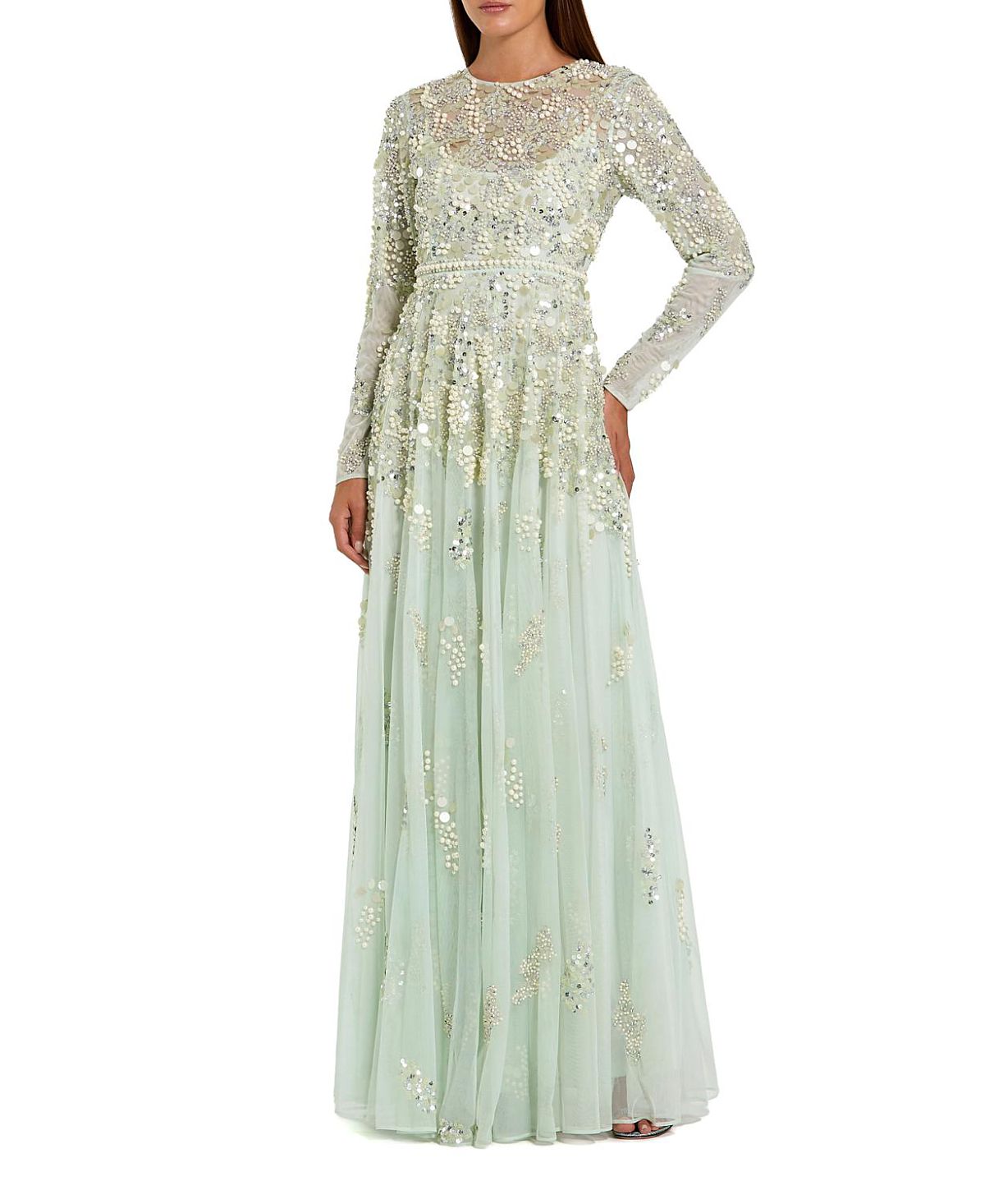 Mac Duggal Long Sleeve Sequin and Pearl Embellished Gown