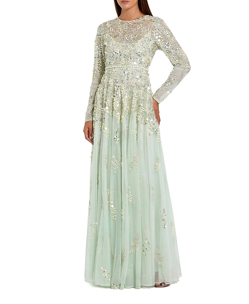 Mac Duggal Long Sleeve Sequin and Pearl Embellished Gown