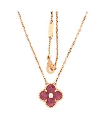  Vintage Alhambra Pendant Necklace 18K Rose Gold and Rhodonite with Diamond, 16.25"