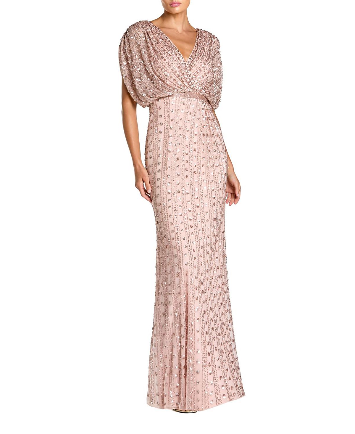 Mac Duggal Beaded Mesh Blouson V Neck Column Gown
