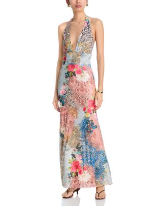 Afrm Anja V-Neck Halter Maxi Dress - Iris Patchwork
