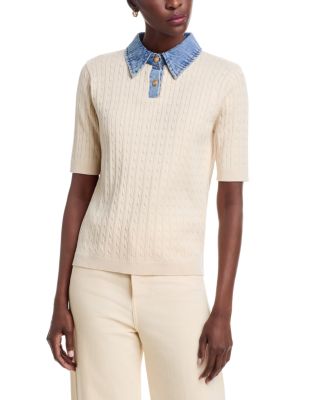 Mixed Media Denim Collar Short Sleeve Sweater