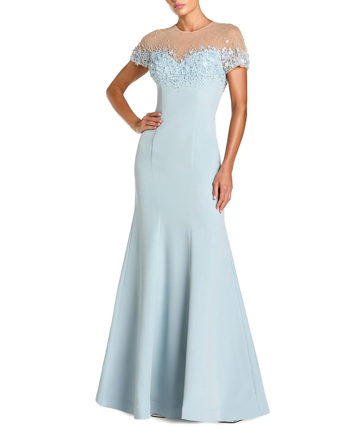Mac Duggal Mermaid Crepe Gown with Beaded Illusion Neck
