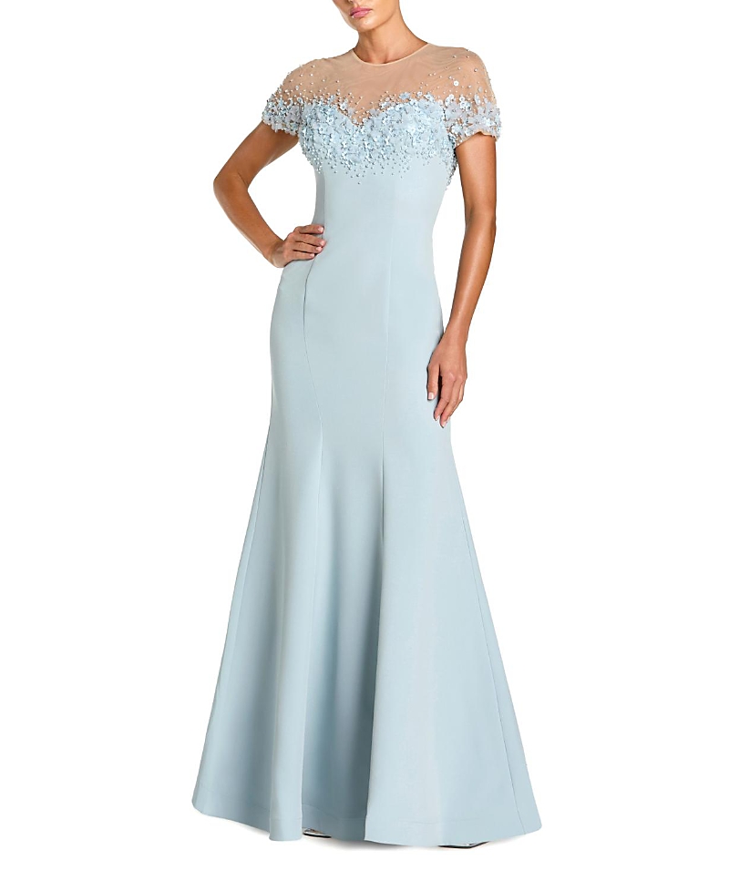 Mac Duggal Mermaid Crepe Gown with Beaded Illusion Neck