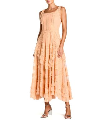  Scoop Neck Sleeveless Mesh Micro Ruffle Midi Dress