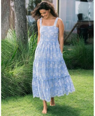  Lizzie Pinstripe Eyelet Tiered Midi Dress