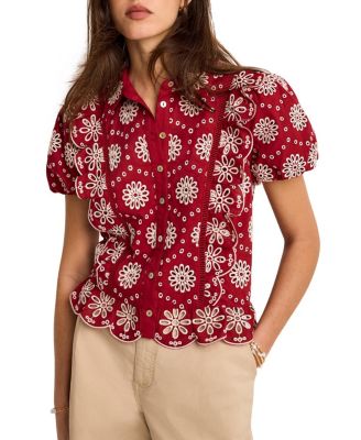  Women's Eyelet Embroidered Puff Sleeve Blouse