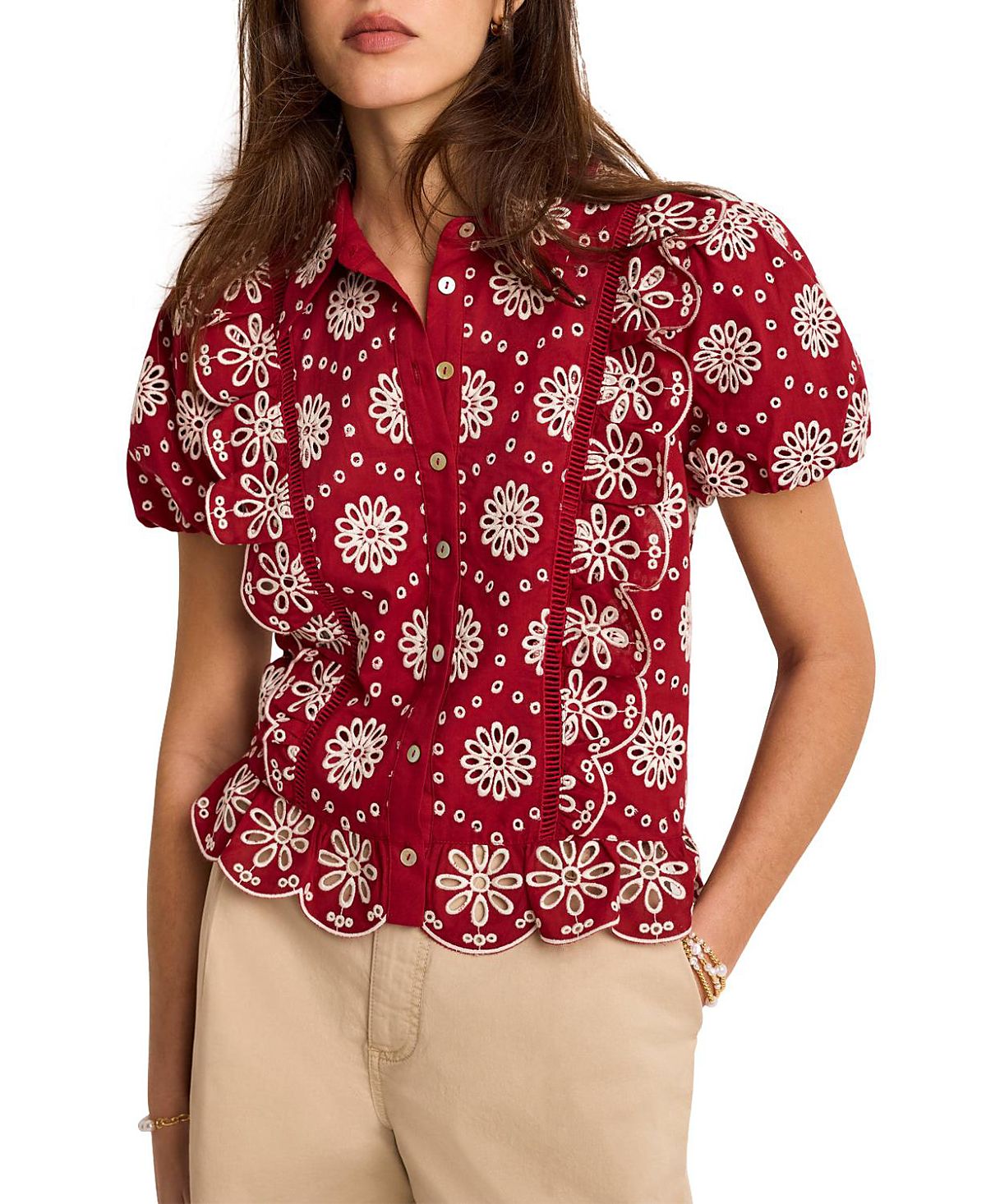 Mint Velvet Women's Eyelet Embroidered Puff Sleeve Blouse