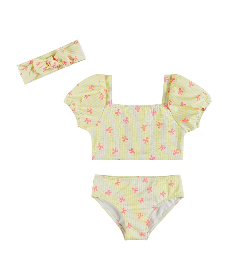 Andy & Evan Girls' Stripe Puff Sleeve Tankini with Headband - Little Kid