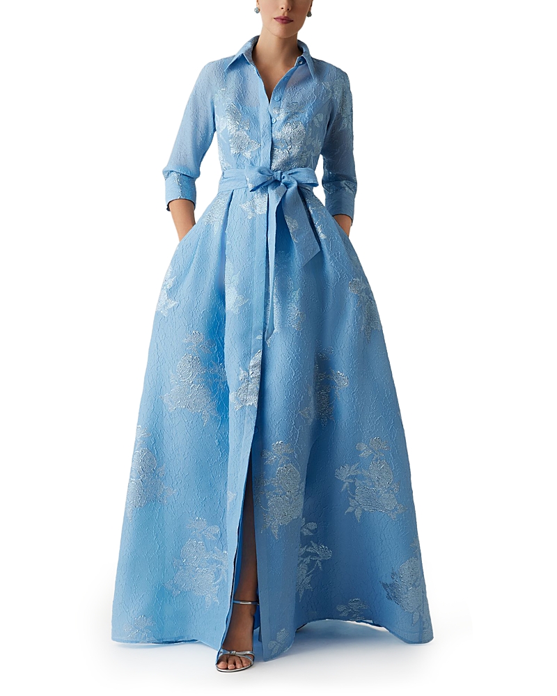 Teri Jon by Rickie Freeman Metallic Jacquard Shirt Waist Gown