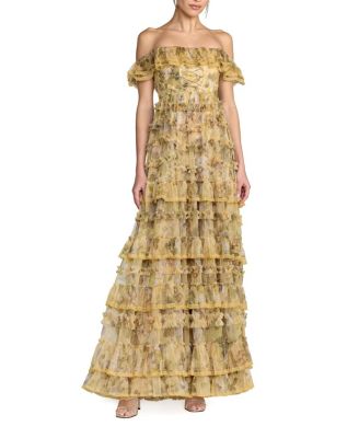 Floral Print Off-the-Shoulder Ruffle Tiered Mesh Gown