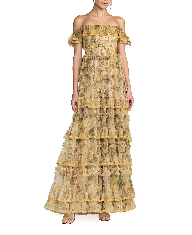 Mac Duggal Floral Print Off-the-Shoulder Ruffle Tiered Mesh Gown