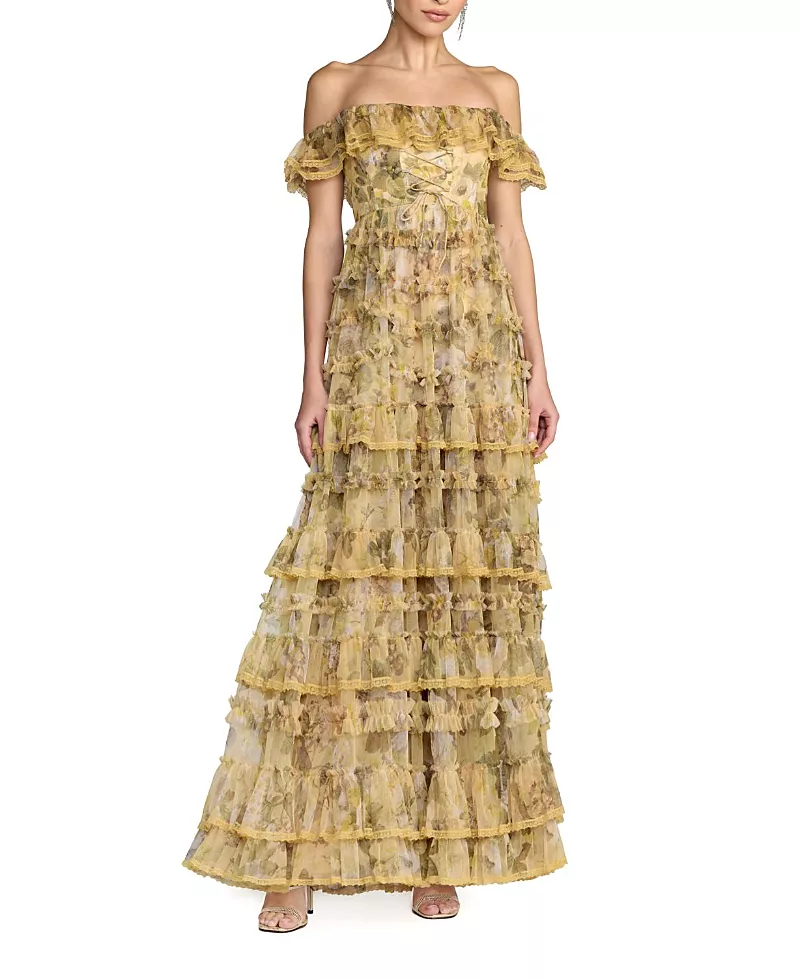 Mac Duggal Floral Print Off-the-Shoulder Ruffle Tiered Mesh Gown