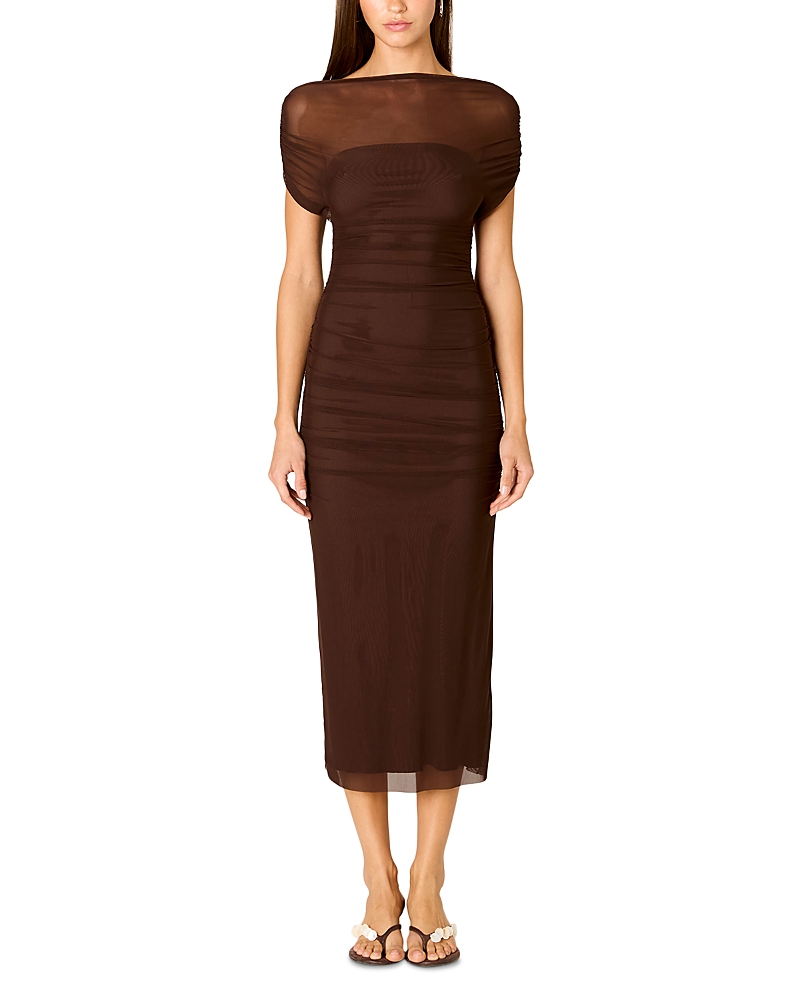 Nia Aria Boat Neck Mesh Bodycon Midi Dress