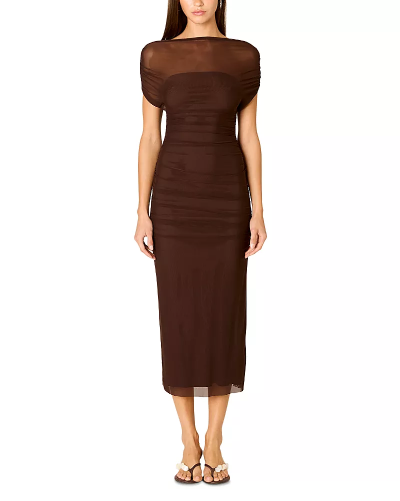 Nia Aria Boat Neck Mesh Bodycon Midi Dress