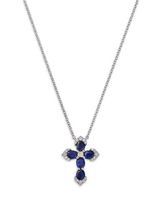Blue Sapphire & Diamond Cross Pendant Necklace in 14K White Gold, 17.9"