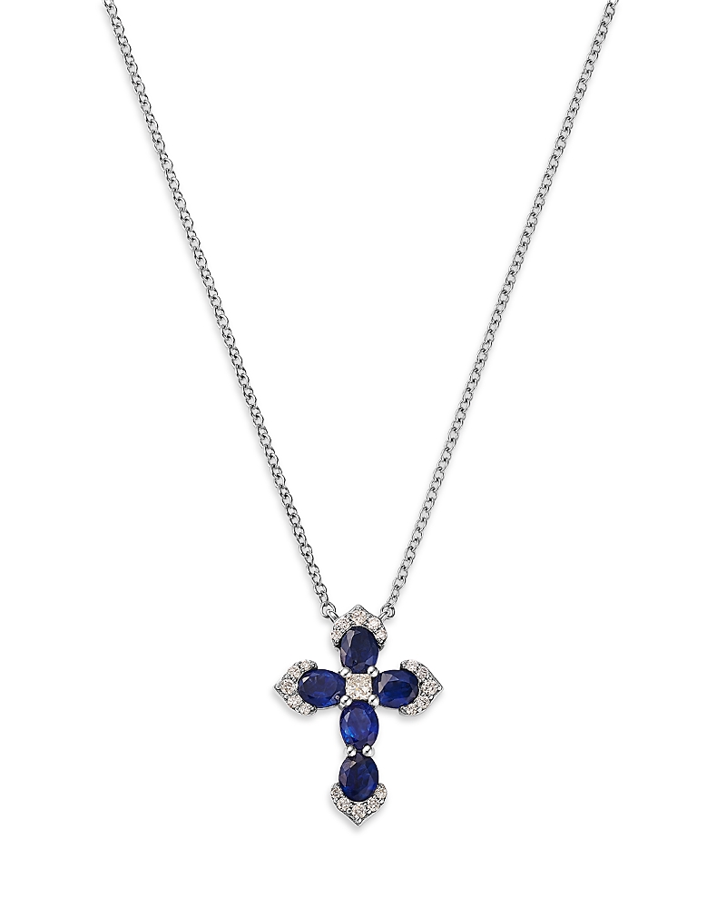 Bloomingdale's Fine Collection Blue Sapphire & Diamond Cross Pendant Necklace in 14K White Gold, 17.9