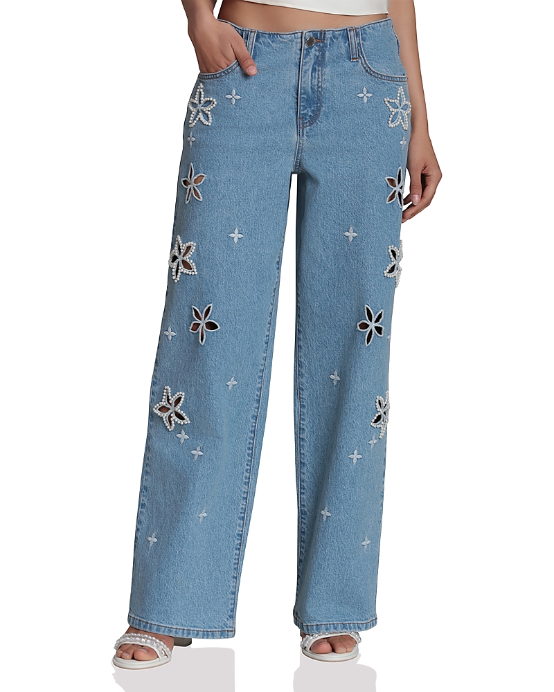 Avec Les Filles Jean Fleur High Rise Cutout Embroidered Wide Leg Jeans in Fleur Stamp Nikki Wash