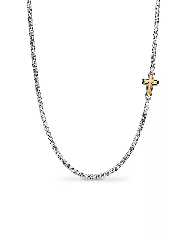 Men's Cross Station Necklace in Sterling Silver with 14K Yellow Gold, 3.6mm