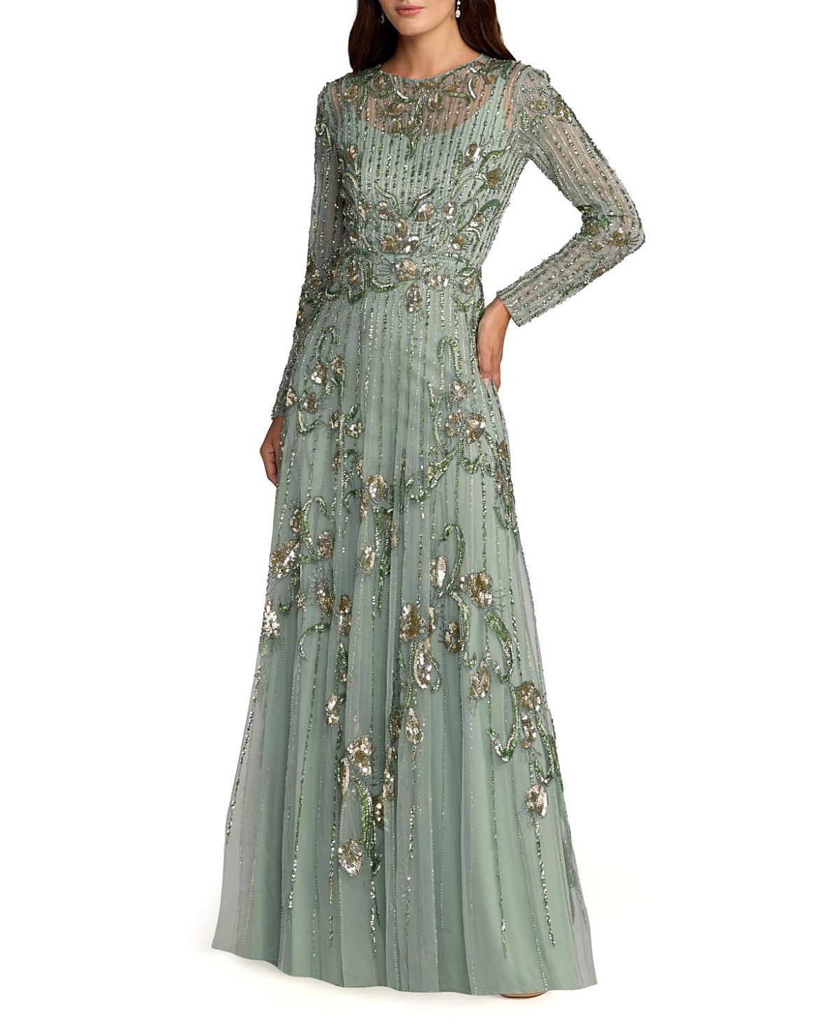 Mac Duggal Embellished Tulle Long Sleeve A Line Gown