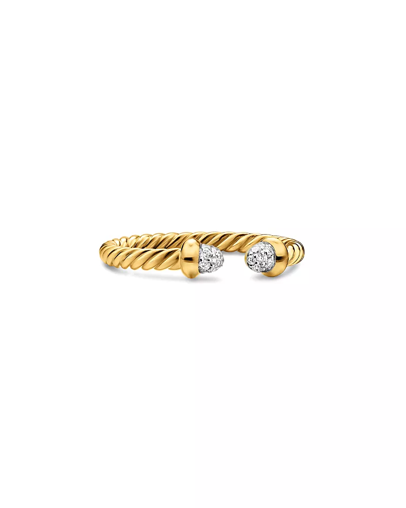 Micro Cablespira Flex Open Ring in 18K Yellow Gold with Pave Diamond Domes, 2.5mm