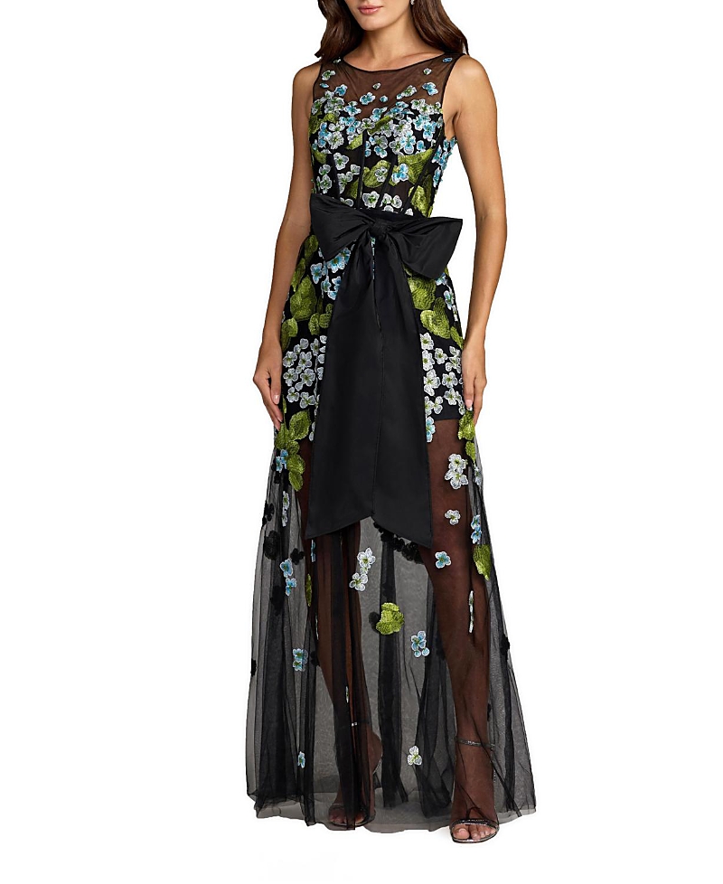 Mac Duggal Sleeveless Mesh Applique Gown With Bow Belt