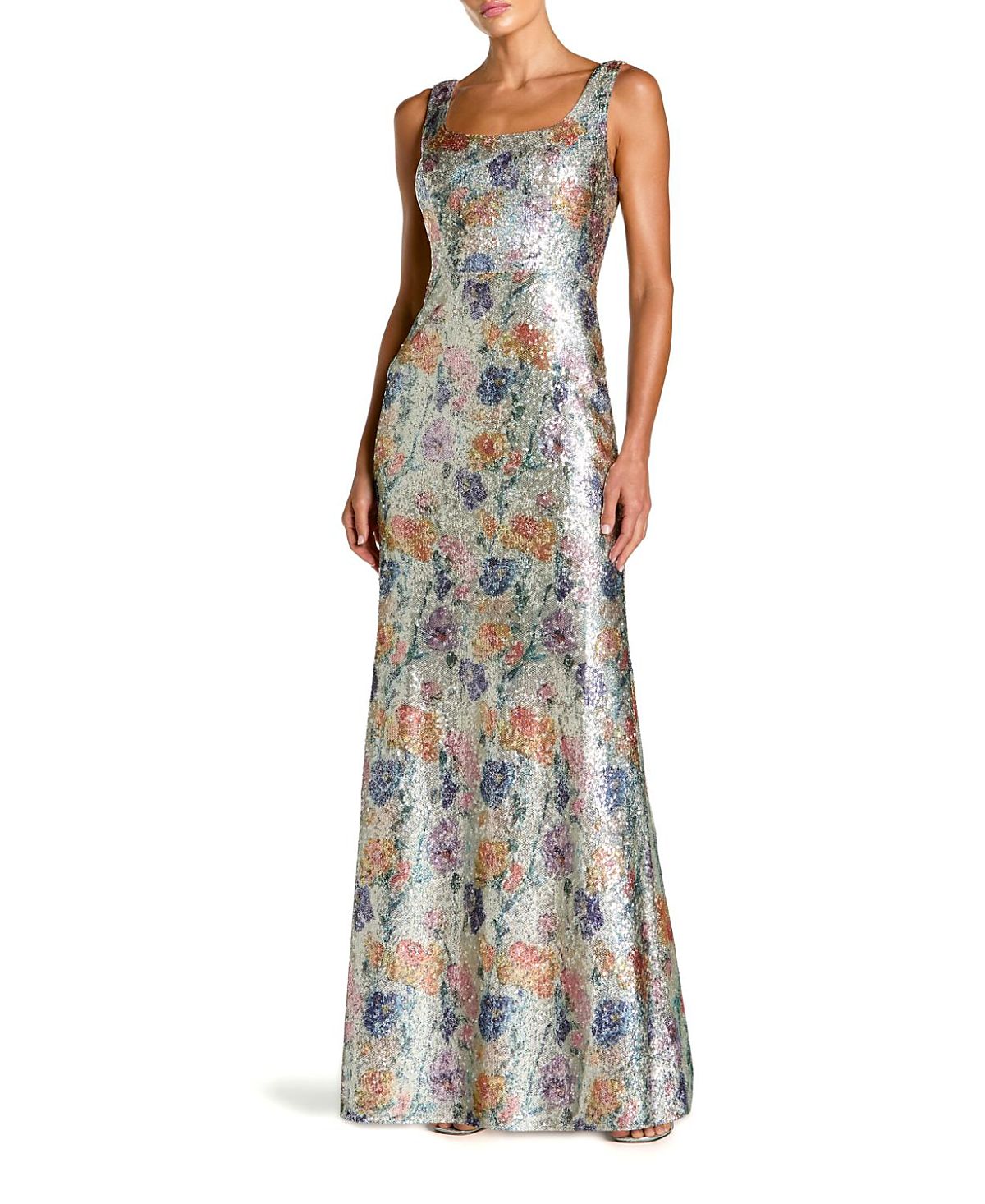 Mac Duggal Floral Sequin Sleeveless Square Neck Fitted Gown