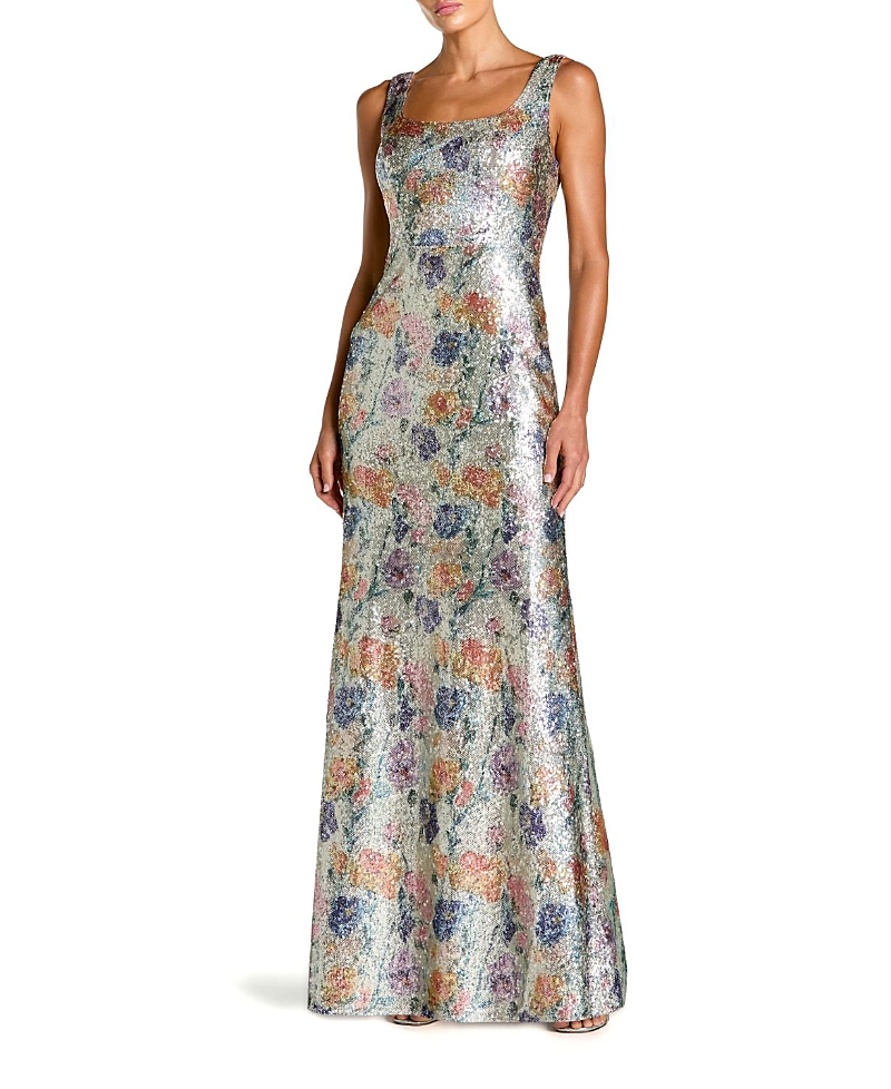 Mac Duggal Floral Sequin Sleeveless Square Neck Fitted Gown