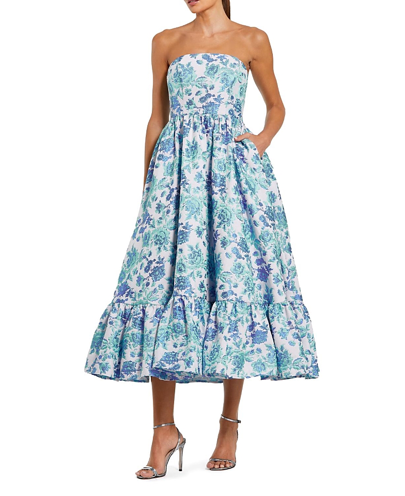 Mac Duggal Floral Brocade Strapless A Line Midi Dress