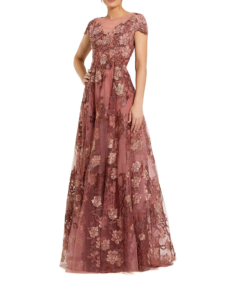 Mac Duggal Embroidered Mesh Dress with Illusion Neck and Short Sleeves