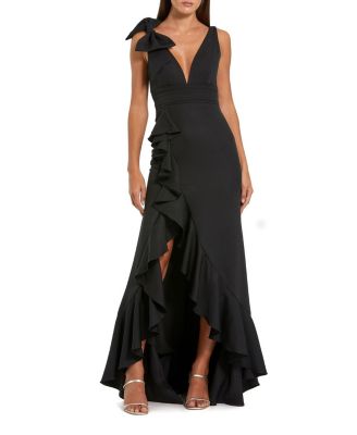 Mac Duggal Crepe V Neck Sleeveless Gown with Bow