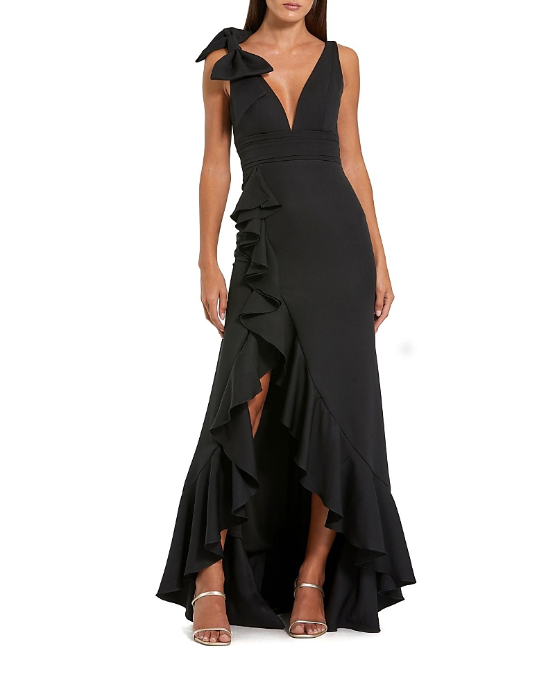 Mac Duggal Crepe V Neck Sleeveless Gown with Bow