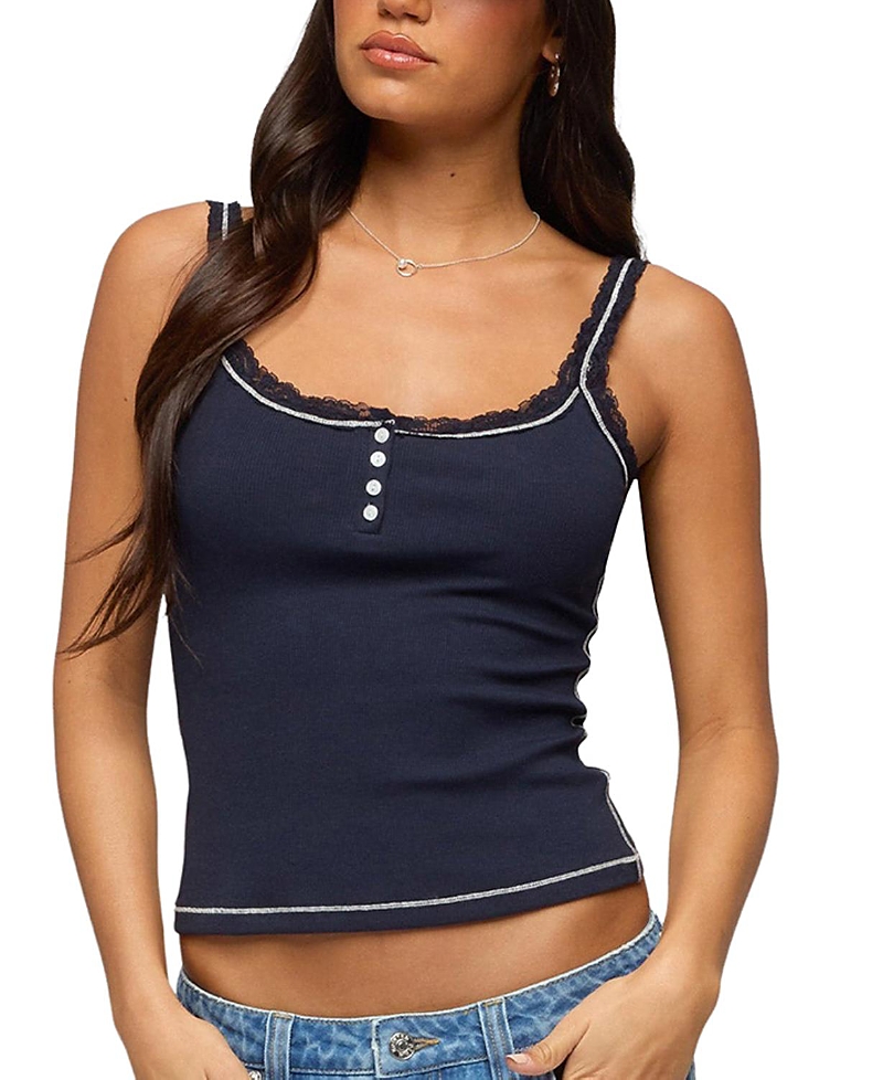 Edikted Contrast Stitched Lacey Henley Top
